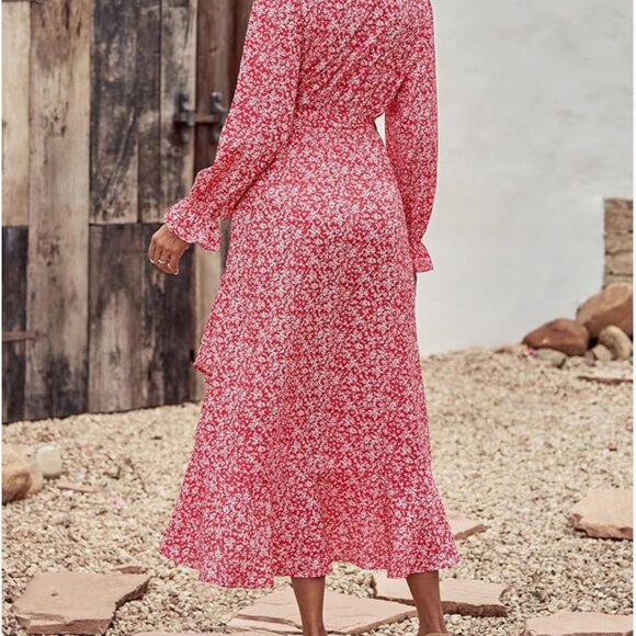 NEW Womens Dress 2025 V Neck Floral Ruffle Wedding Cocktail Boho Long Sleeve - Picture 5 of 13